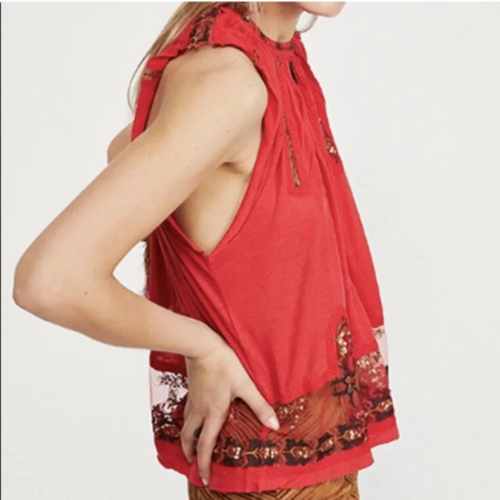 Free People Red Embroidered Sequin Sheer Panel Peasant Blouse Top w/Back Tassels - Picture 5 of 15